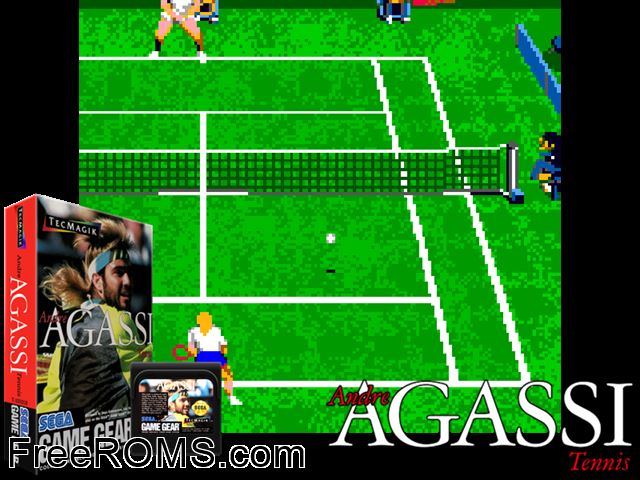 Andre Agassi Tennis Game Gear game showing 3D box cover and gameplay screenshot